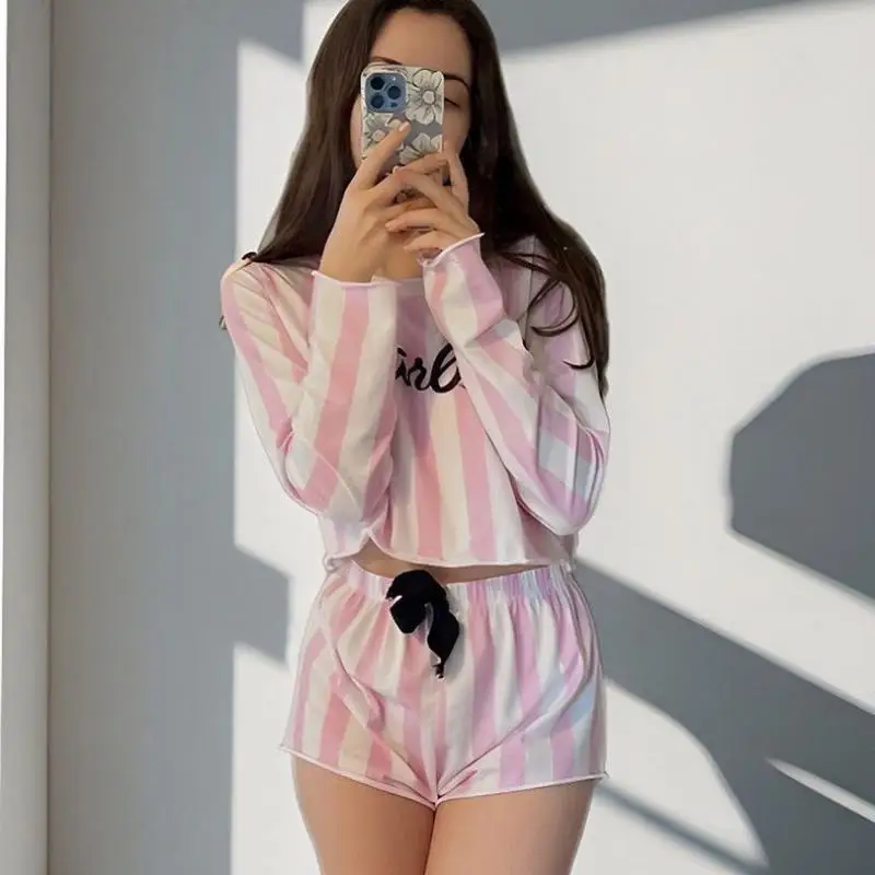 Summer Cute Long Sleeves Shorts Pajamas Set Kawaii Anime Barbies Series Woman Tracksuit Nightgown Set Girly Sweet Home Clothes