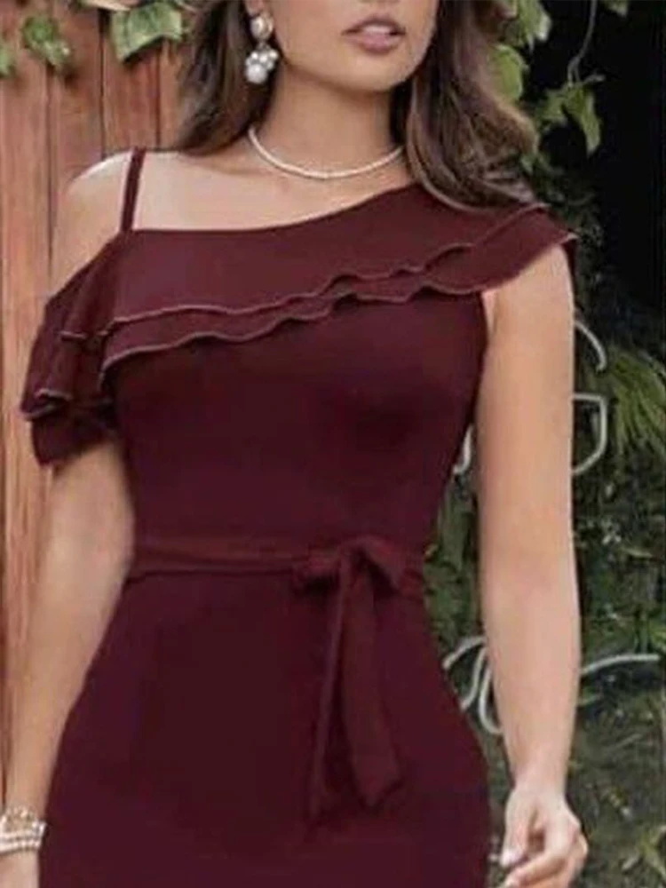 Women's Burgundy One Shoulder Dress Ideal for Evening Galas Cocktail Parties Formal Dinners