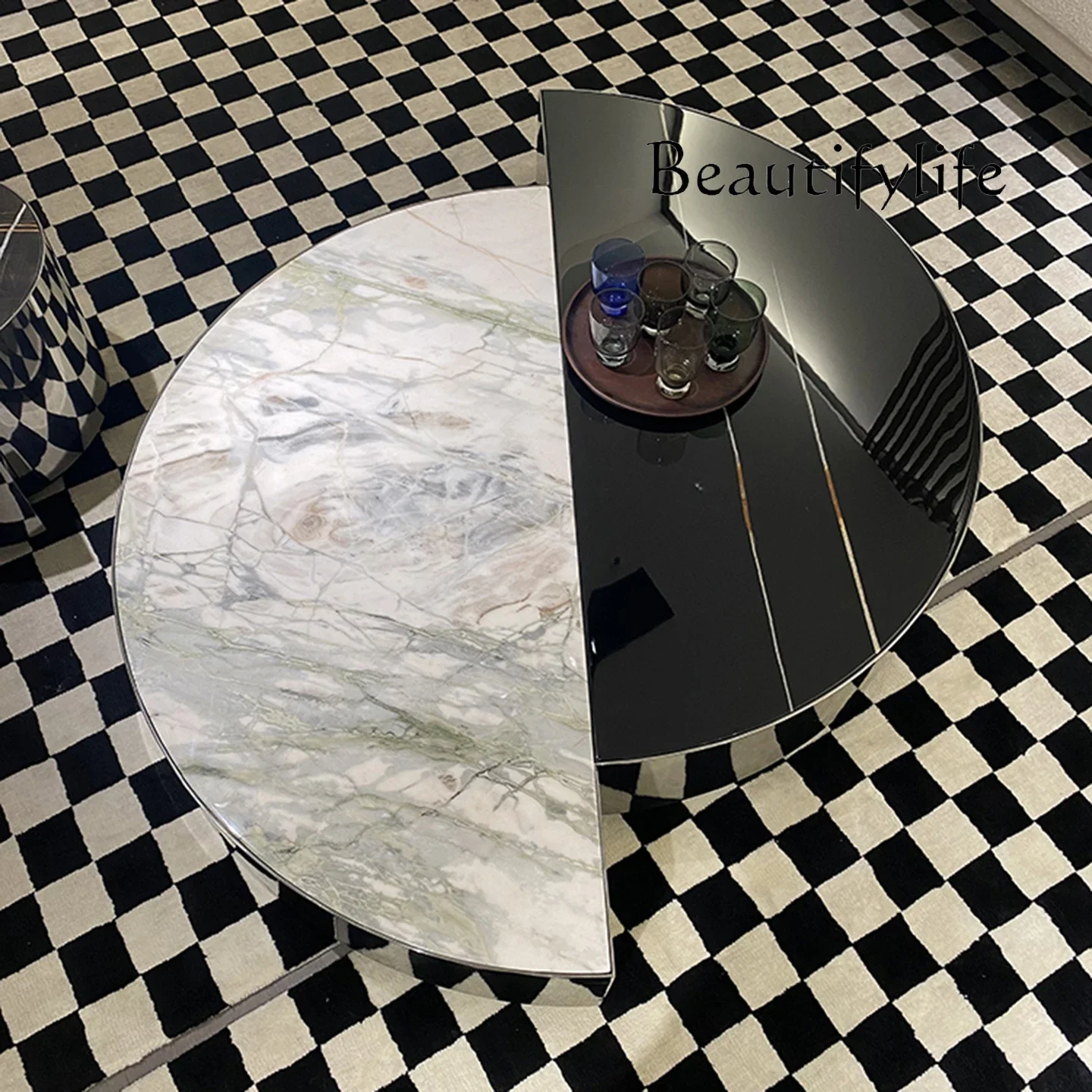 

FKMinimalist Light Luxury Mirror Stainless Steel Luxury Stone Coffee Table Designer Black Gold Natural Marble Table