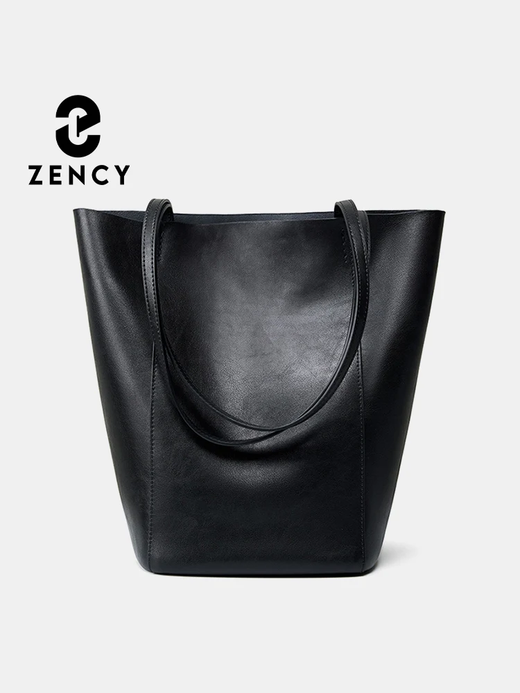 Zency New Women The Tote Bag Handbag 100% Genuine Leather Shoulder Ladies Black Coffee Tote Bag Large Capacity Shopping Bag 2024