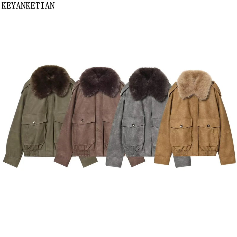 

KEYANKETIAN 2025 Winter New Women's Faux Fur Decorated Artificial Leather Jacket Unisex style Flap Pockets Zipper Outerwear Top