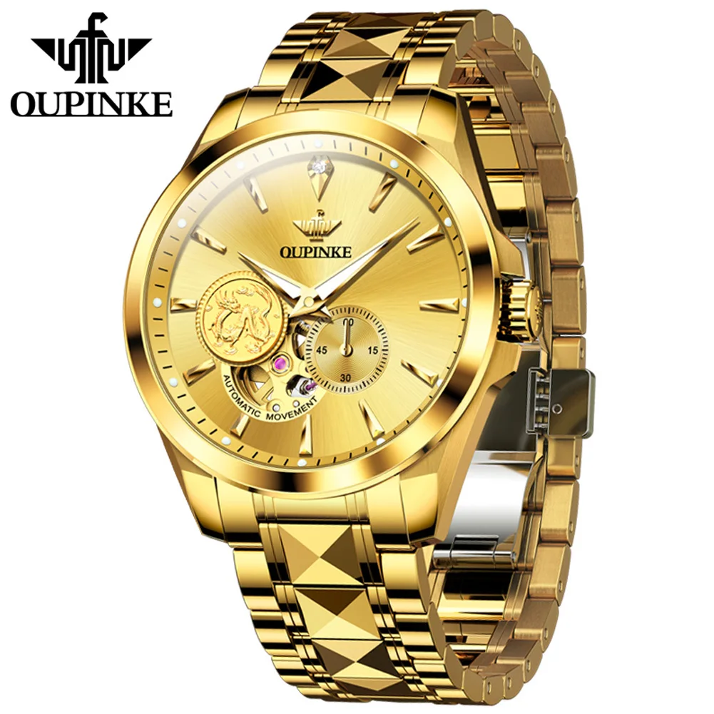 OUPINKE 3260 Men's Automatic Mechanical Watch Men Real Gold Skeleton Dragon Watch Original Tungsten Steel Chronograph Man watch