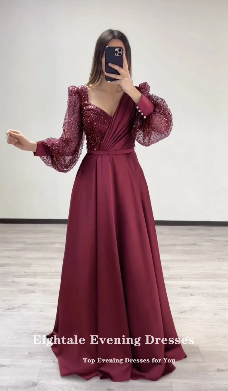 Eightale Burgundy Evening Dresses Long Sleeves Sweetheart Glitter Customized V-Neck Satin Prom Party Gown  vestido de fiesta