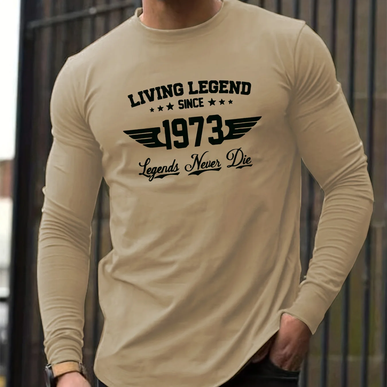 Men's 100% pure cotton loose fit comfortable casual sports SINCE1973 pattern printed round neck long sleeved T-shirt top view 4