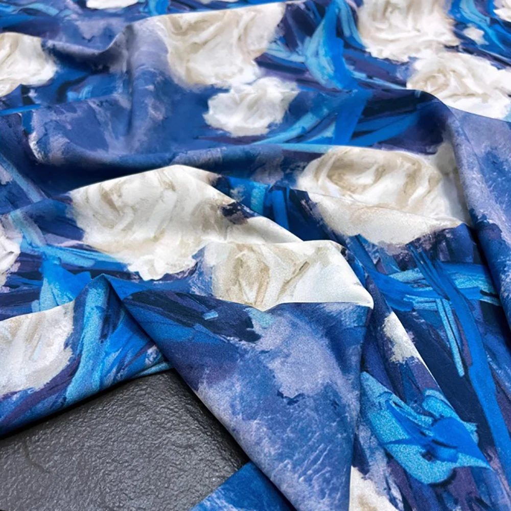 Pure Mulberry Silk Twill 20 momme Width 140cm High Quality Breathable Anti-allergy Natural Soie Material Blue Floral Pattern