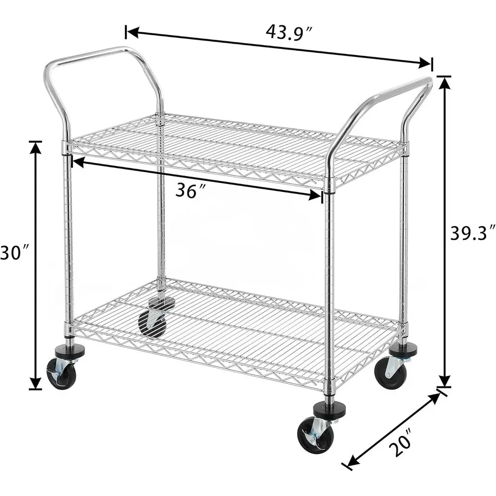 Коммерческая 2-уровневая универсальная тележка — сверхмощная, колеса и ручка, вместимость 500 фунтов, полки 20x36, сертифицированная NSF