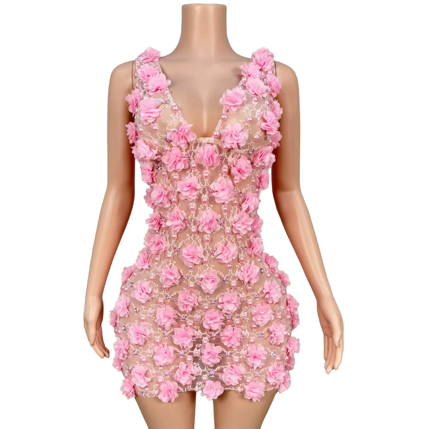 Huaduo Sparkly 3D Pink Flower Pearl Bodycon Mini Dress Sleeveless V Neck Sheer Mesh Bachelorette Party Gown