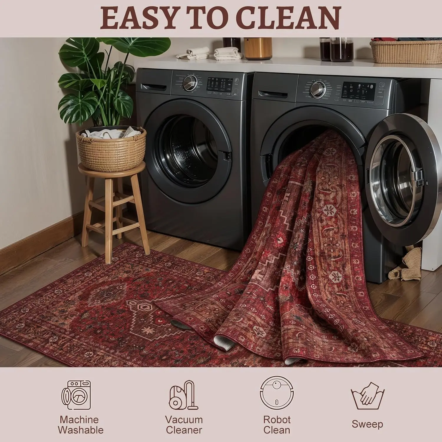 Polypropylene Area Rug, Vintage Boho Oriental Print Floor Carpet For Living Room Dining Area And Bedroom, Durable Washable Large Indoor Mat, Dark Red Single Pack - view 2