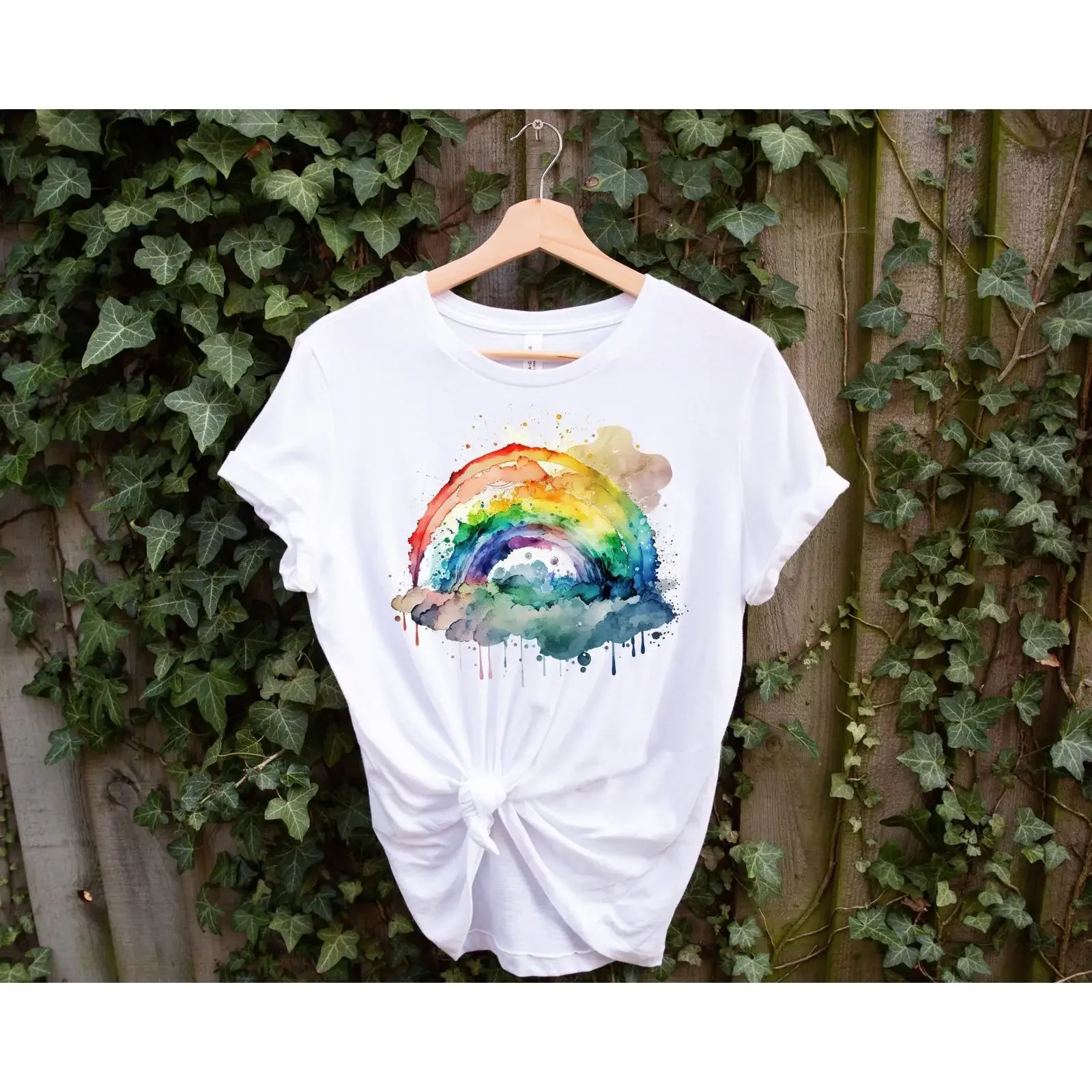 Watercolor Rainbow T Shirt Jersey  Colorful Sun Clouds vintage Washed Comfortable designer clothes Casual Soft streetwear