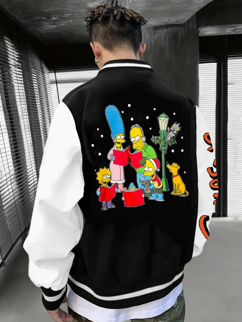 

Autumn and Winter Pusen Family Men's Baseball Jackets, Christmas Family Chorus Printed Pattern Men's Retro Baseball Jackets