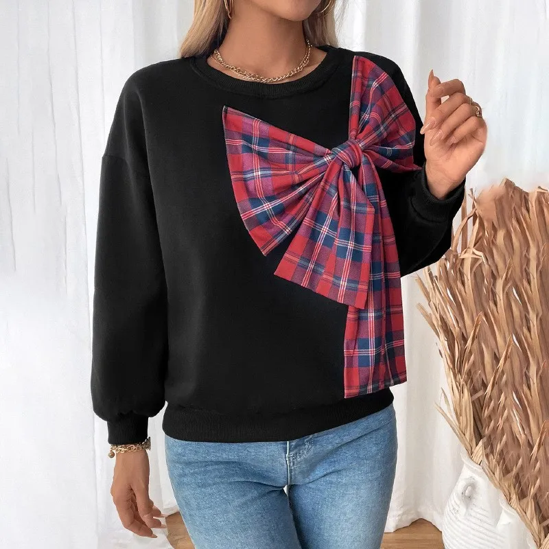 Spring Autumn Women's Solid Color Hoodie With Bow Splicing Design Fashion Round Neck Loose Sweatshirt Versatile Ladies Clothing