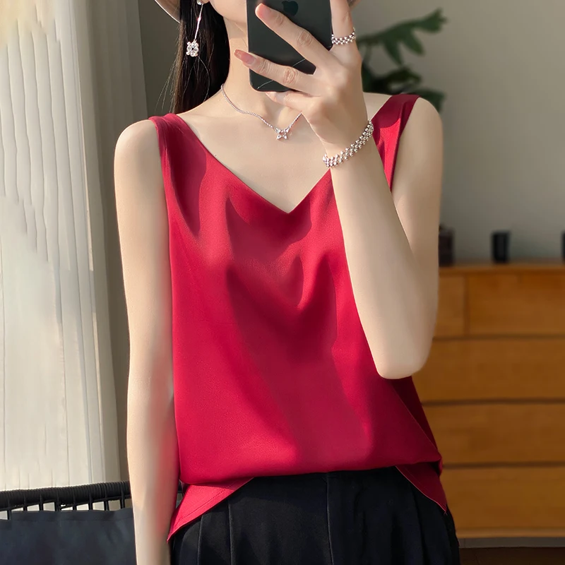 Silk Satin Women Double Shoulder Camisole Tank Top V-neck Sleeveless Top T-shirt Elegant Crop Top Solid Casual Basic 2025 Summer