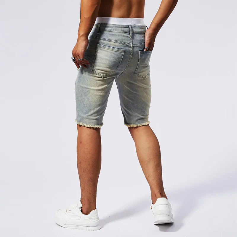 Retro washed nostalgic distressed denim shorts for men\'s summer slim fit stretch street fashion trend casual capris