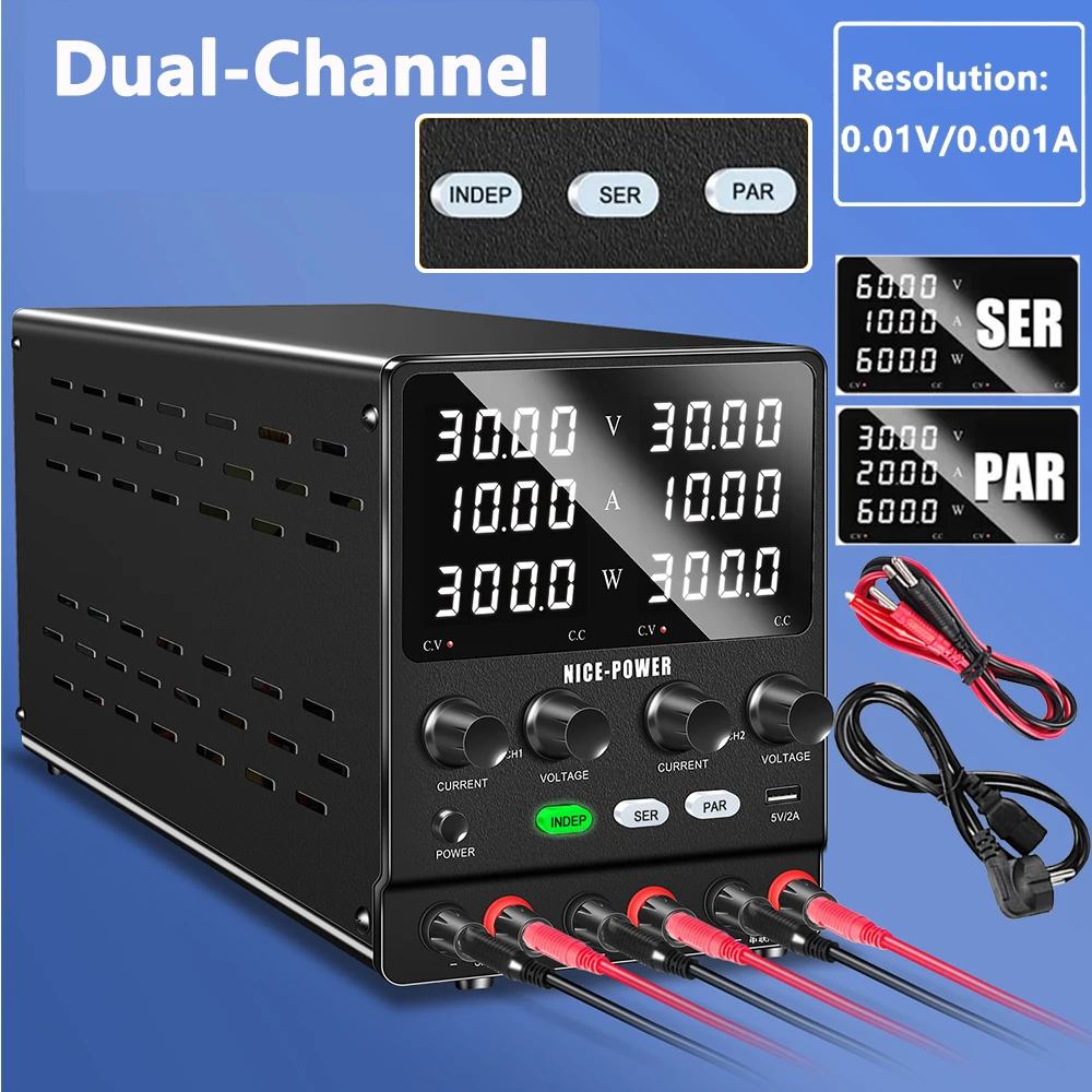 Dual-Channel Variable 30V 10A 60V 5A Digital DC Power Supply Voltage Regulator Series Parallel Functions Laptop Repair