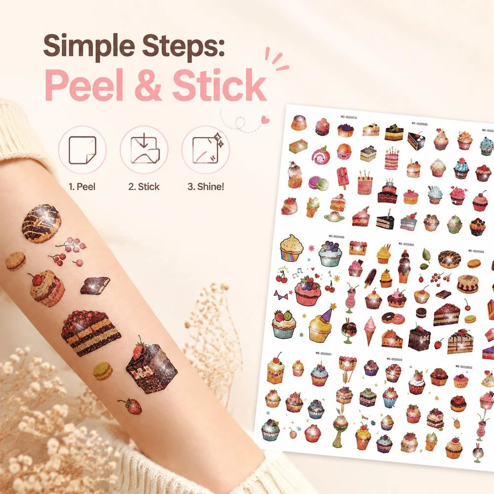 10Pcs Glitter Sweet Food Temporary Tattoos Colorful Cake Donut Fruit Candy Waterproof Body Art Stickers For Festival Favors