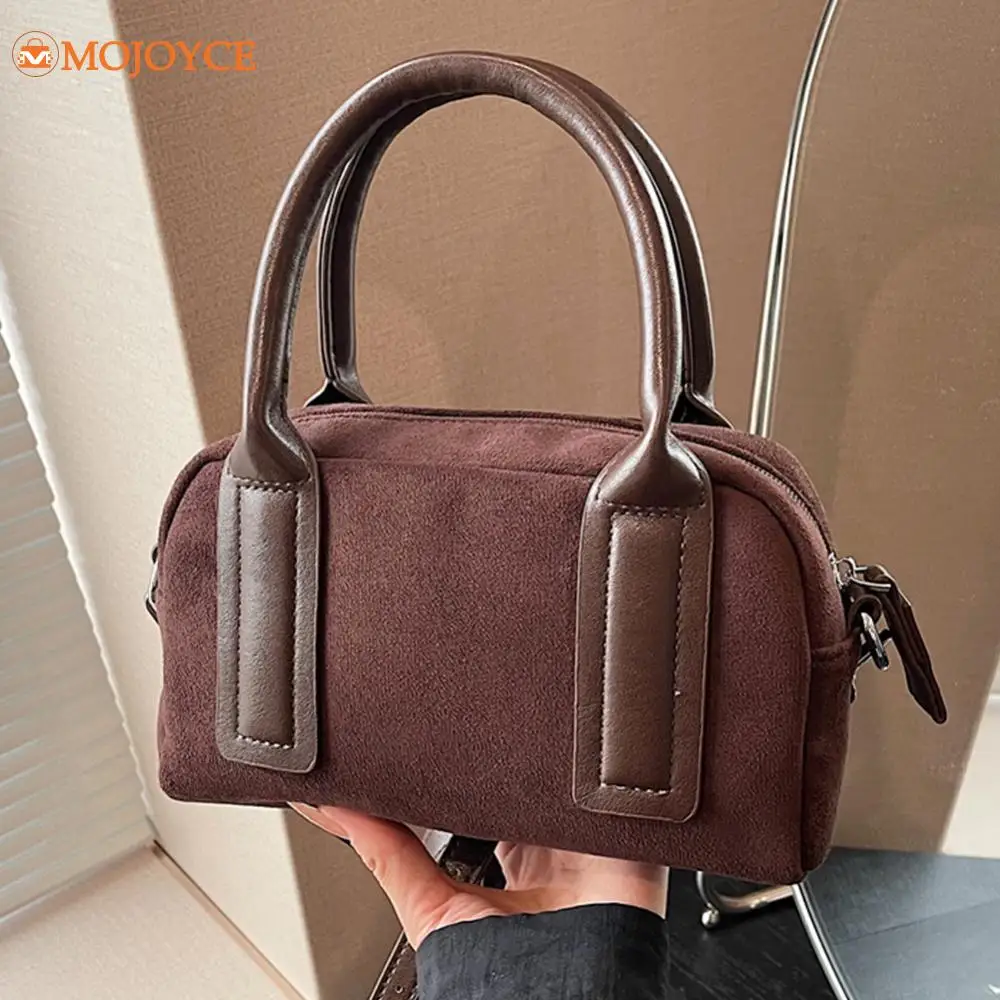 Euro-America Suede Boston Bag for Women's High-end Brand Small Shoulder Bag Multi-Pockets Tote Bags Zipper Handbag Solid Satchel