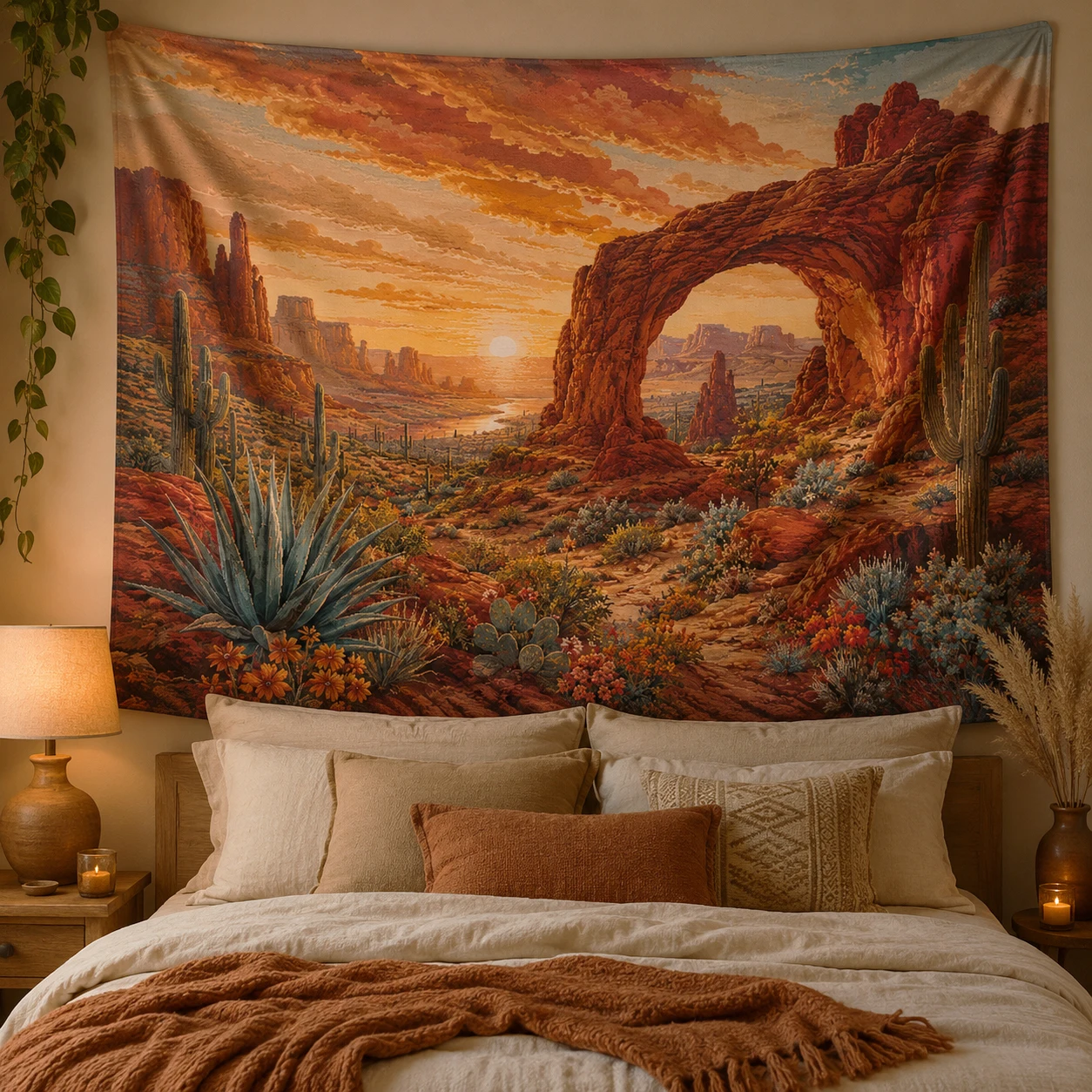 Western Desert Sunset Tapestry Red Rock Arch Saguaro Cactus Landscape Wall Hanging Southwest Boho Bedroom Wall Decor Tapestry