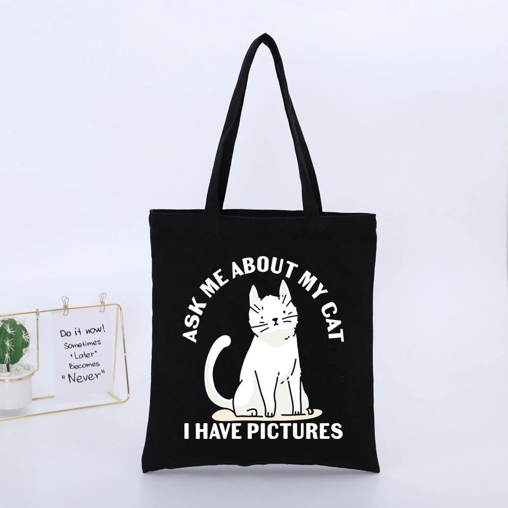 Cat Graphic Black Canvas Tote Bag with Typography Print, Casual Daily Shopping Bag
