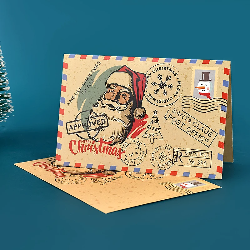 5pcs Vintage Christmas Greeting Card Cartoon Santa Claus Folding Card Blessing Message Card With Envelope Merry Xmas Decoration