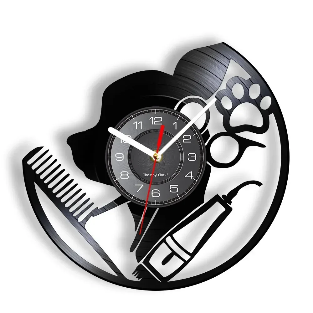 Pet Groomer Sign Barber Salon Vinyl Record Wall Clock Animal Care Business Display Artwork Dog Grooming Music Album Wall Clock