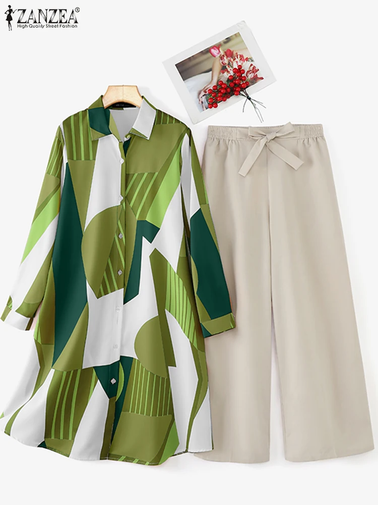 

ZANZEA Office Lady Printed Pant Sets Vintage Long Shirt Wide Leg Trouser Suit Fashion Loose Tracksuit Casual 2 PCS Matching Sets