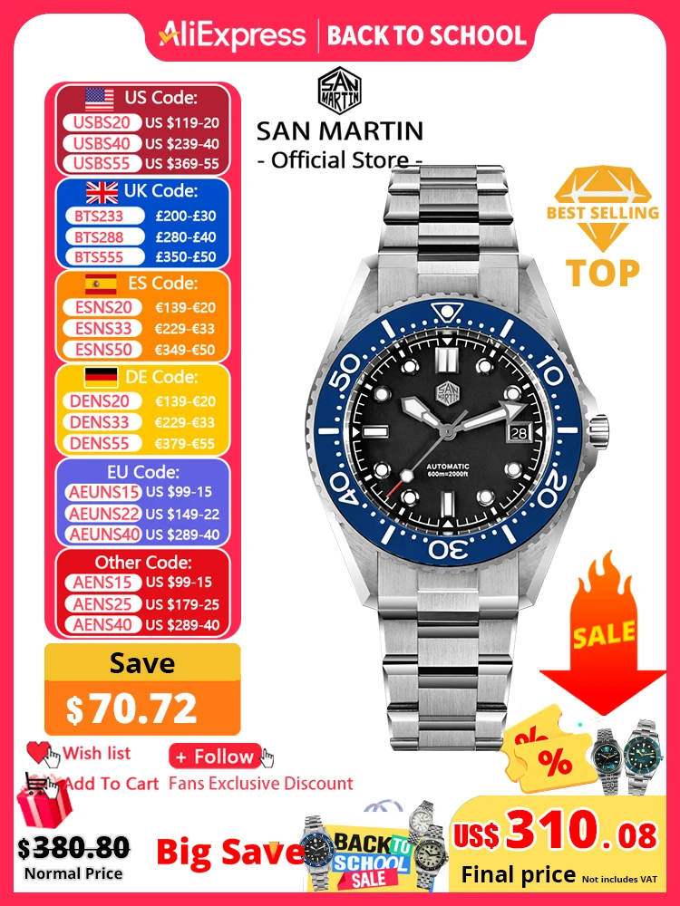 San Martin Upgraded 41mm Waterproof 600m Classic Men Diver Watch Helium Escape Valve ST 2130 Automatic Mechanical Watches SN0036