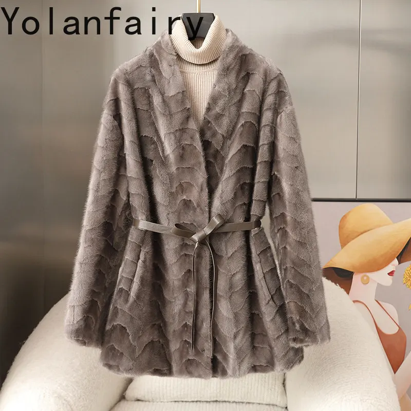 YOLANFAIRY Hoge Kwaliteit Splicing Nertsen Bontjas Vrouwen Herfst Winter Mid-lengte Echt Bont Jas Nertsen Jassen Elegante Lace-up Abrigos