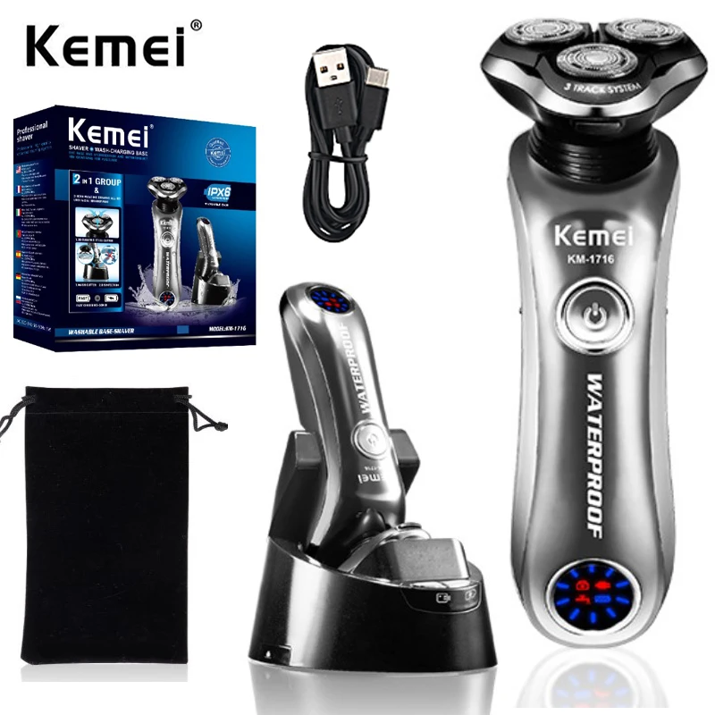 Kemei 1716 Wet Dry Rechargeable Pro Electric Shaver Beard Electric Razor For Men Facial Shaving Machine With Smart Cleaner