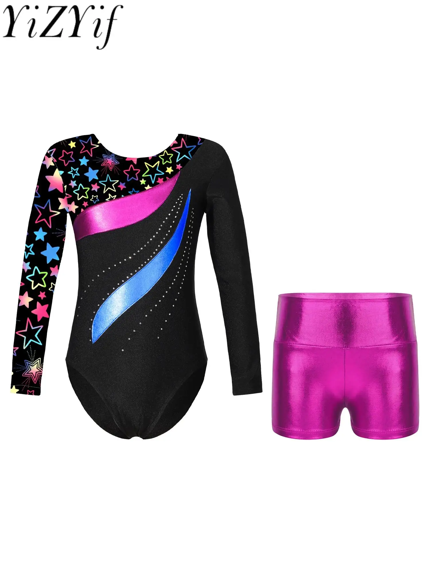 

Kids Girls Ballet Dance Gymnastic Leotard Long Sleeve Print Bodysuit with Shorts for Skating Stage Performace Sports Swimwear