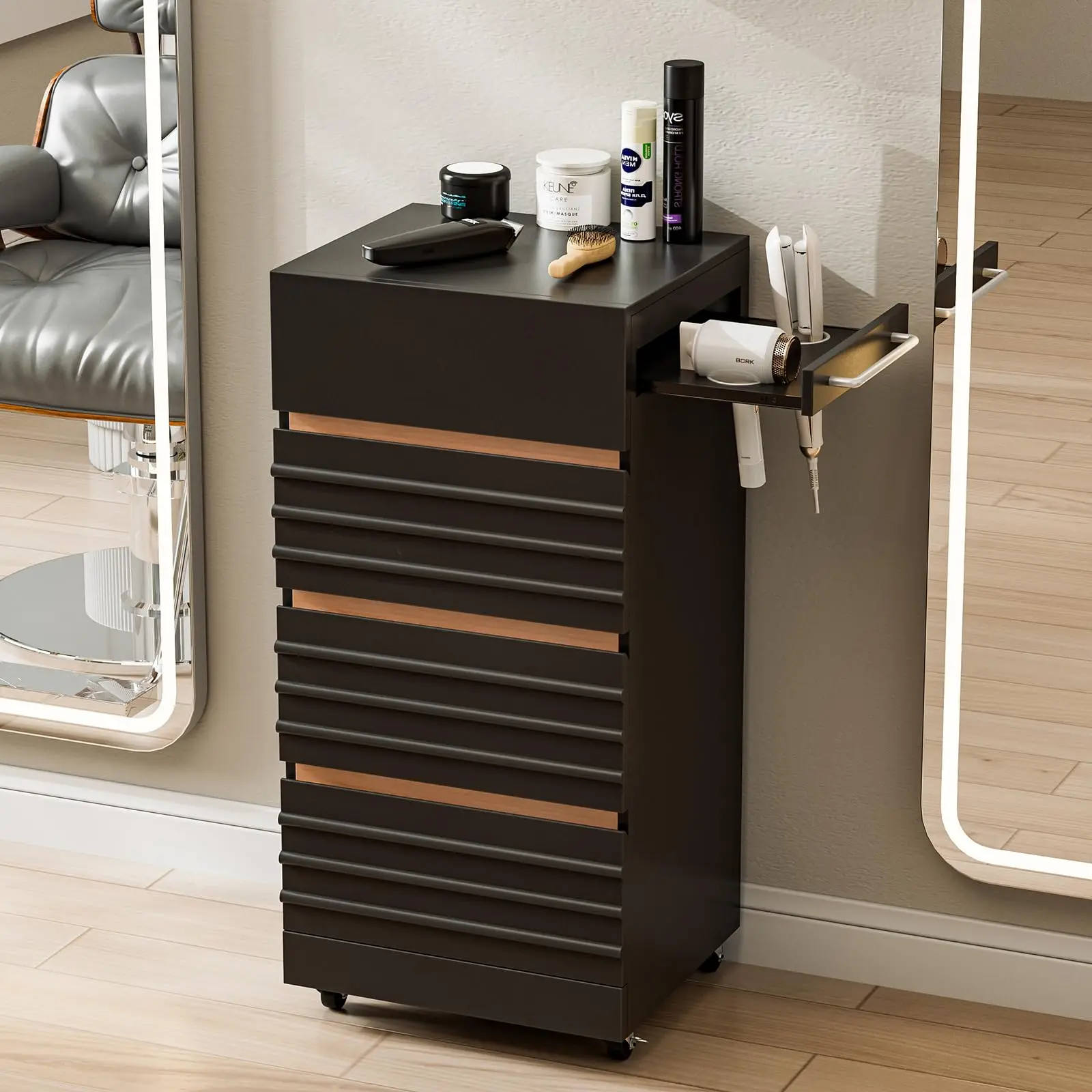 Salon Trolley Cart with Lockable Wheels, Rolling Hair Cart with 3 Dryer Holders for Hair Stylist, Wall Mount Makeup