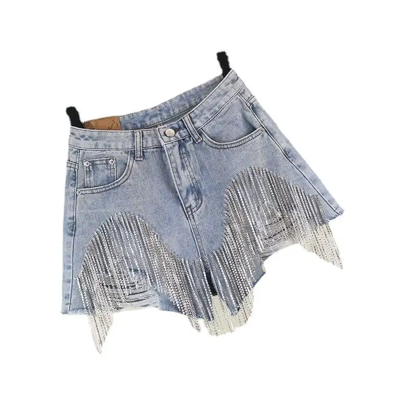 Tassel Chain Jeans Shorts Women Streetwear Summer New High Waist Slim Sexy Shorts Hole Ripped Wide Leg Denim Shorts C8148