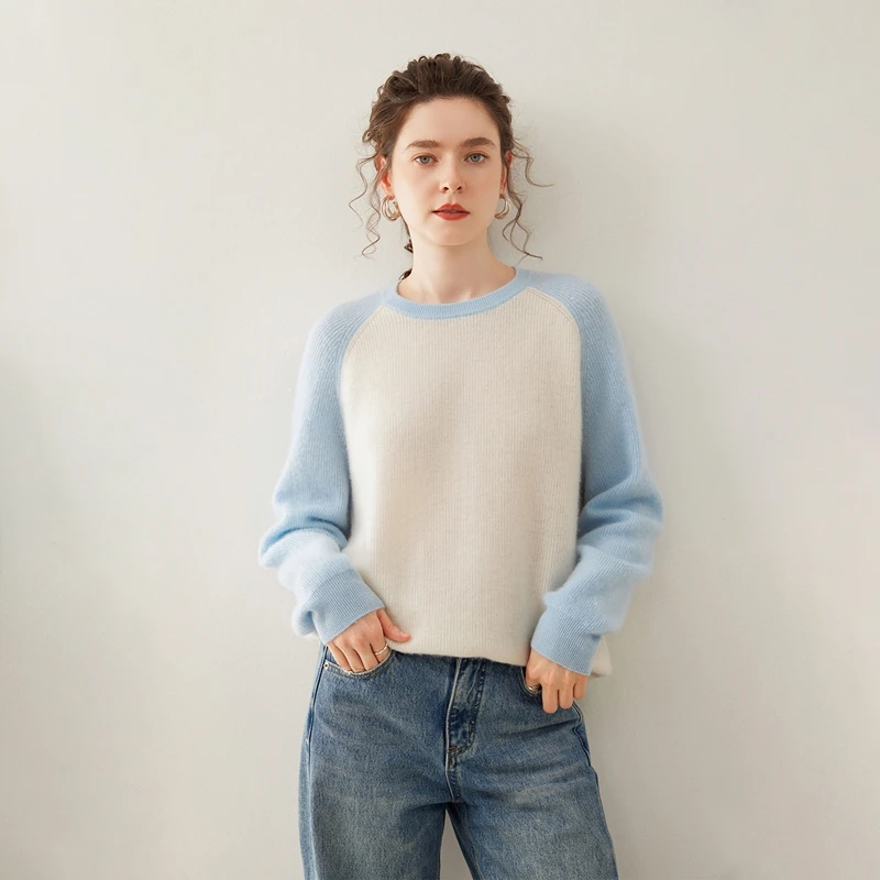 

Yuanbao Needle Chic O-Neck Spliced Colour Women's Pullovers Soft Warm Comfort 100% Cashmere Knitted High Quality Tops