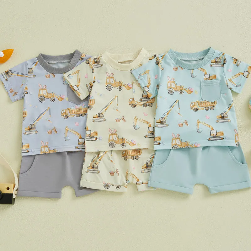 

RUEWEY 6 Months to 4 Years Toddler Boy Shorts Sets Summer Clothes Excavator Print Round Neck Short Sleeve Tops with Shorts