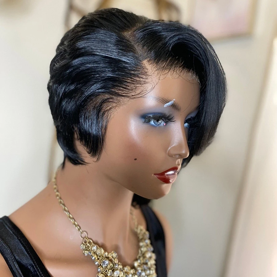 Peluca recta de corte Pixie, encaje transparente, pelucas de cabello humano 150%, peluca Bob corto, peluca de encaje 13X4, cabello humano brasileño prearrancado para mujeres