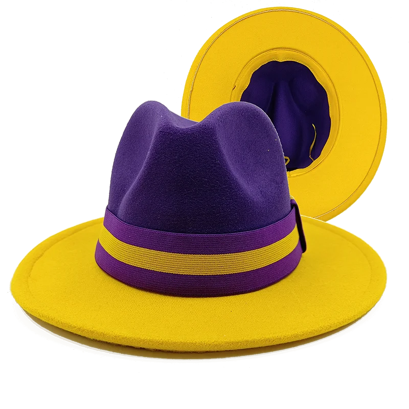 Niska cena hurtowa Czapki Fedora Męskie i damskie czapki jazzowe Żółte fioletowe nowe barwione krawatem czapki Fedora Jesienne klasyczne czapki sombrero