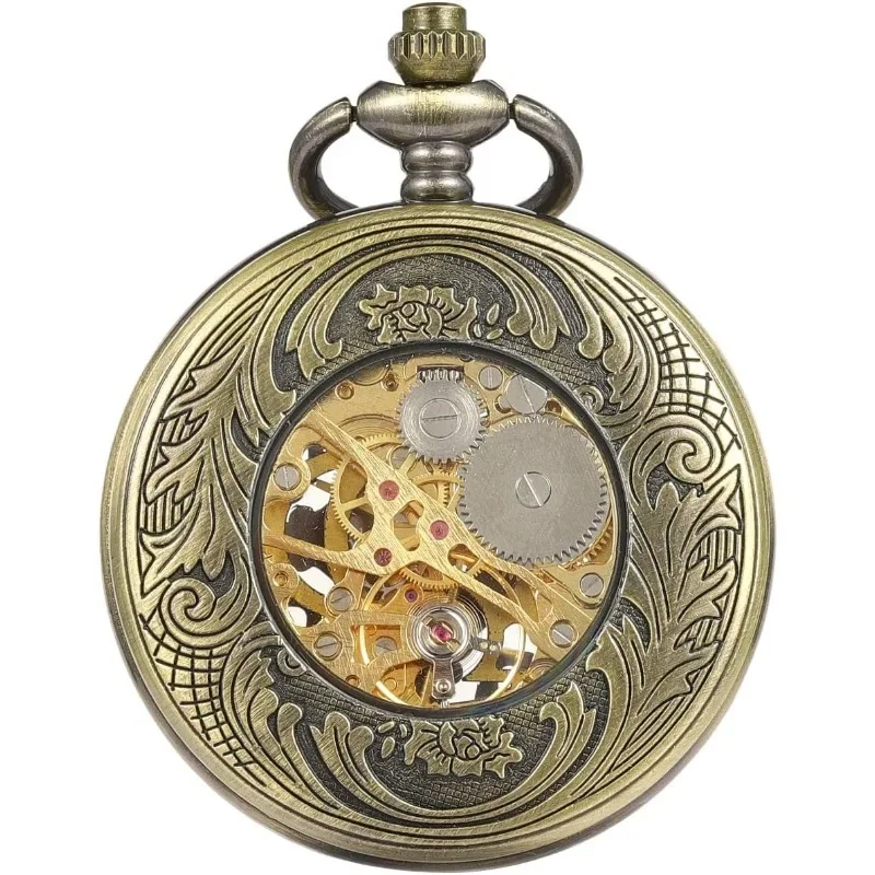 Vintage Black Mechanical Hollow Hunter Hand Wind Pocket Watch Luminous Pointer with Chain for Men