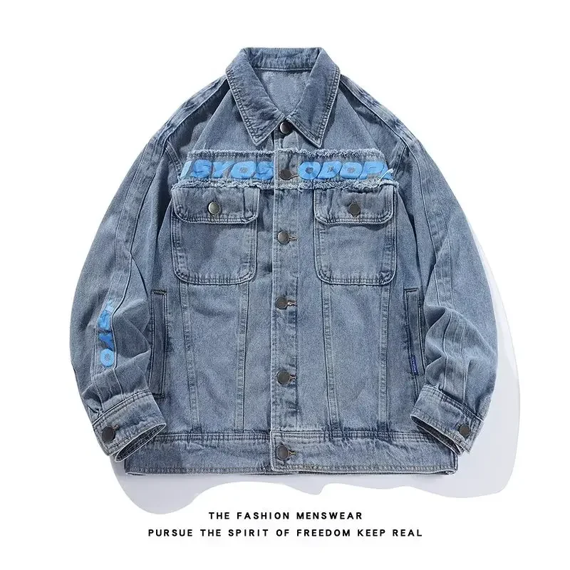 

Men's denim jacket, Korean trendy multi pocket work jacket, letter printed denim jacket