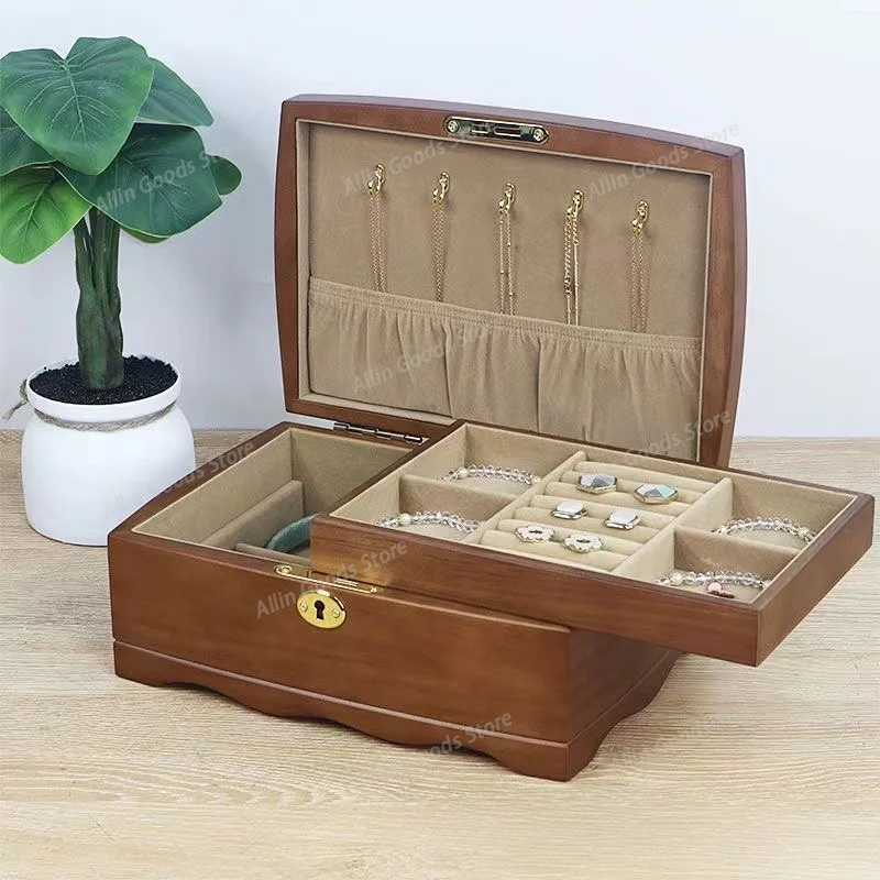Wooden Jewelry Storage Box with Lock Retro Paintings Jewellery Boxes Ring Holder Bracelets Display Necklace Stand Showcase Box