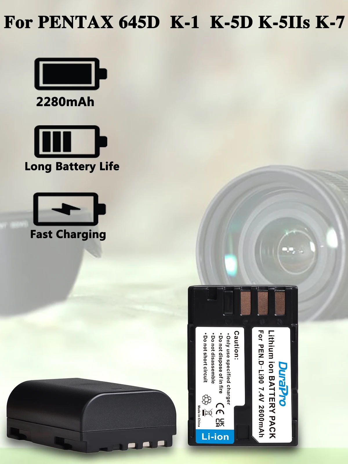 2600mAh D-LI90 Bateria DLI90 D LI90 Li-ion Camera Battery For PENTAX K-7 K-7D K-5 K-5 II 645D K01 K-3 K-3 II 645Z L15 Accessory