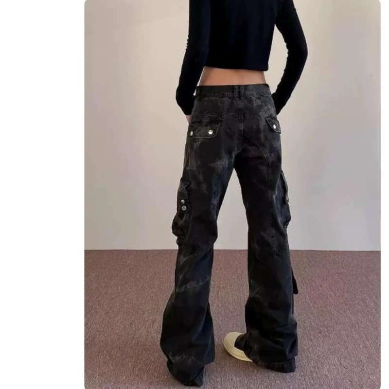 Fashion Retro Cargo Pants Washed Multi-pocket Overalls Women's High Street Micro-horn Trousers Trendy Bottoms XXXL Black