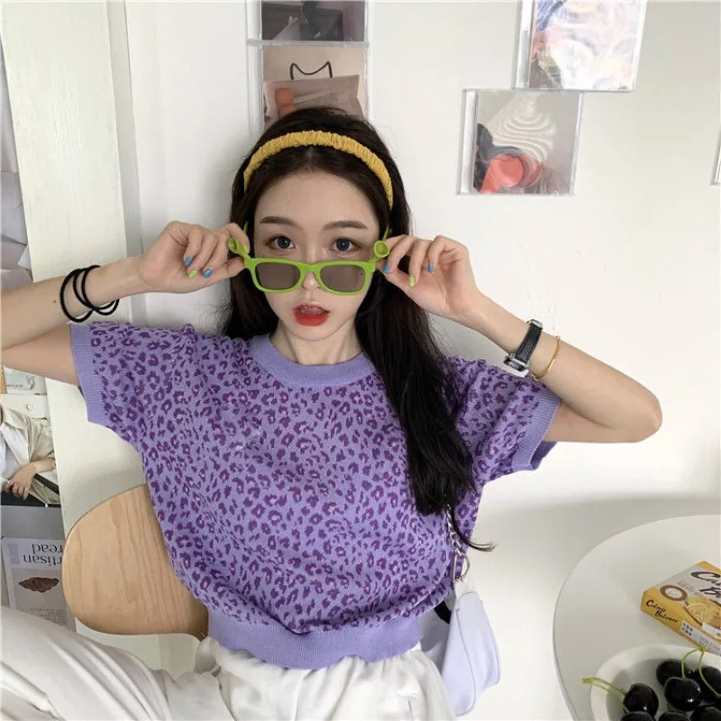 Camisetas de malha femininas vintage chique leopardo sexy ulzzang verão solto simples o pescoço all-match doce feminino harajuku recortado topos
