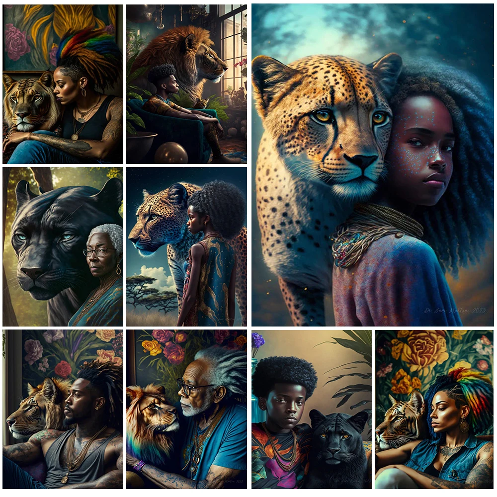 

Wild Animals with Black Woman Girl Poster Prints Wall Art Canvas Painting Home Decor Wall Pictures For Living Room Unframed