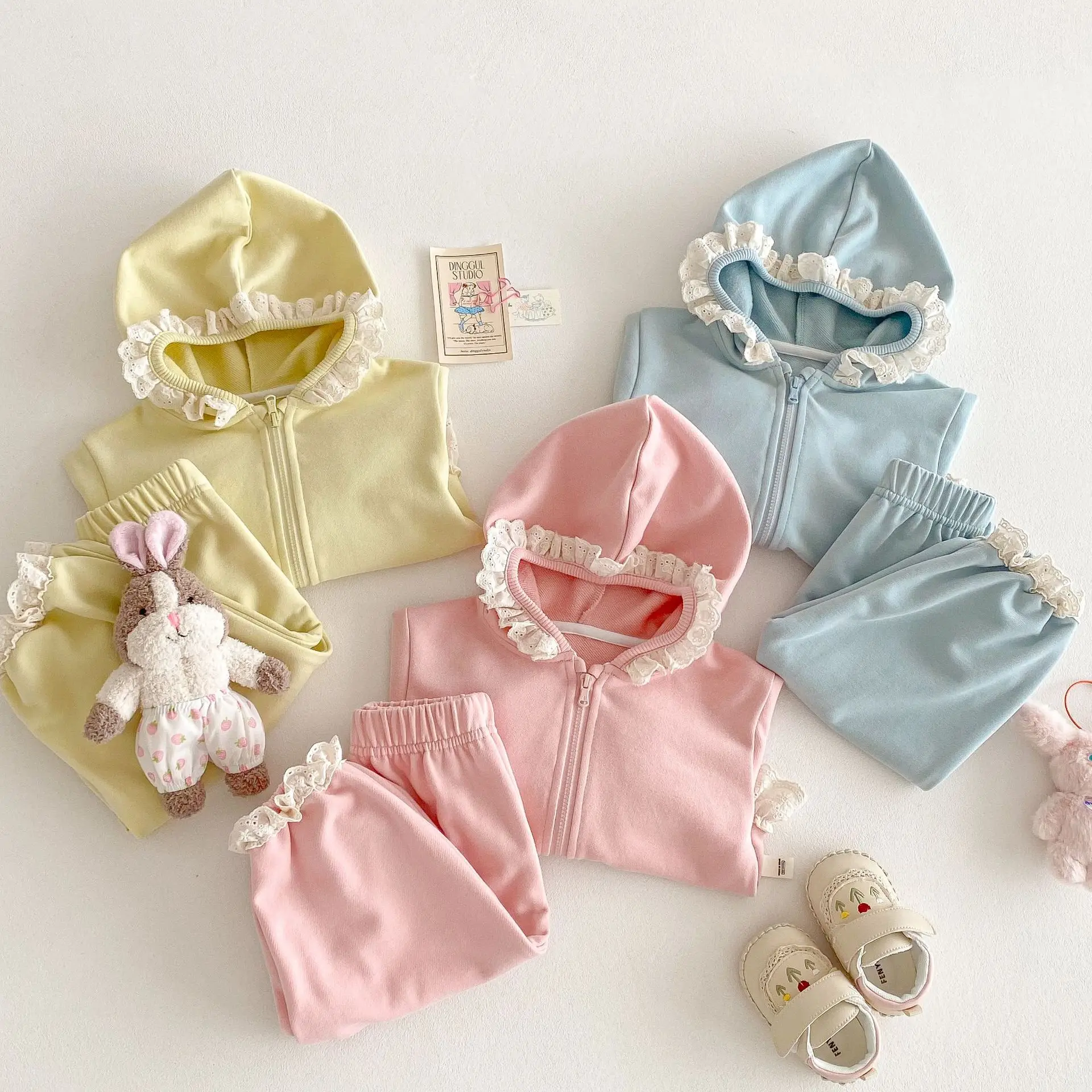 Girls' Korean Style Jacket New Spring 0-5 Years Baby Hooded Top Children's Lace Casual Pants Two-Piece Set
