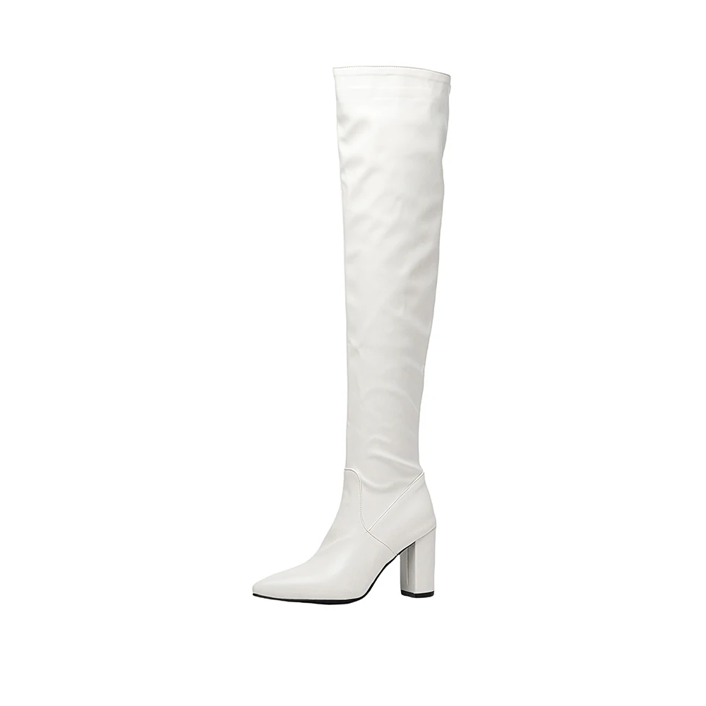 Winter Elegant Black White Women Over the Knee High Boots Pointed Toe High Heels Lady Shoes Plus Small Big Size 32 43 46