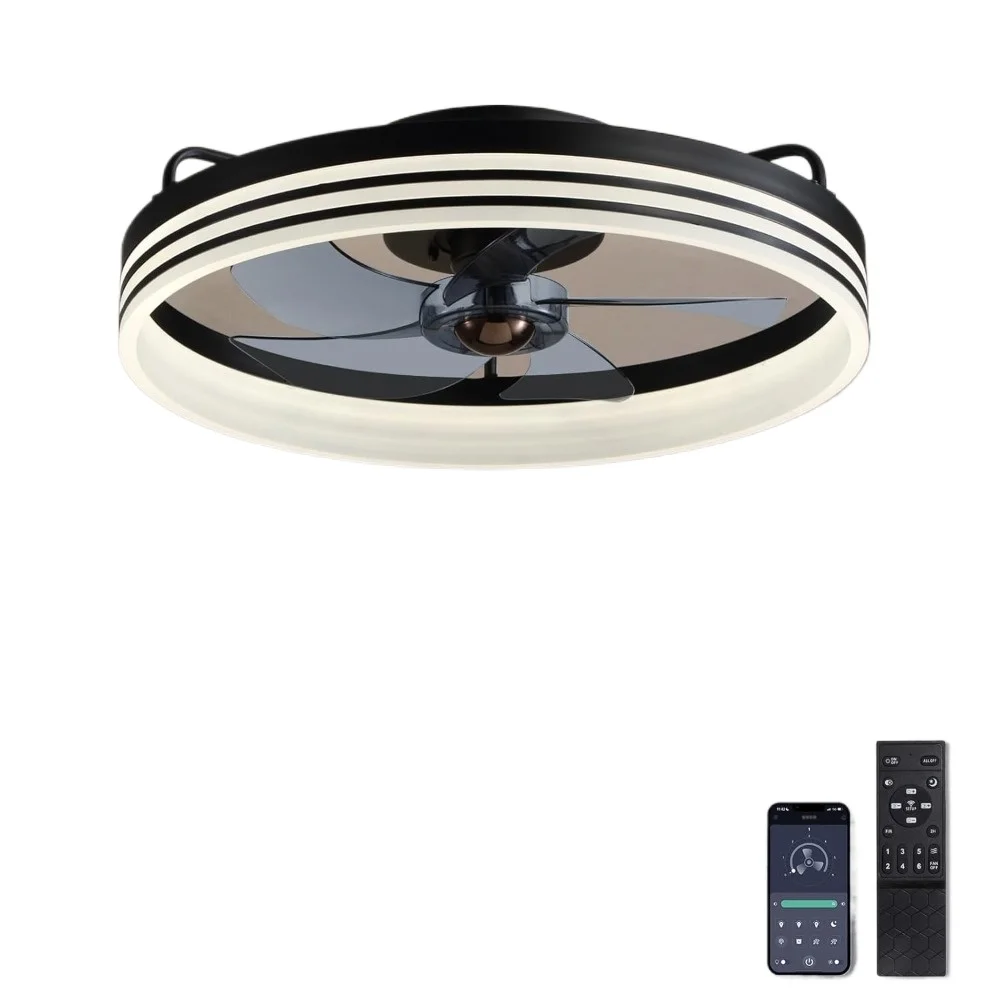 พัดลมเพดานพร้อมไฟ,พัดลมเพดานฟลัชเมาท์พร้อมไฟและรีโมท, พัดลมเพดานรายละเอียดต่ําอัจฉริยะความเร็วลมพกพา 6 ระดับสําหรับห้องนอน