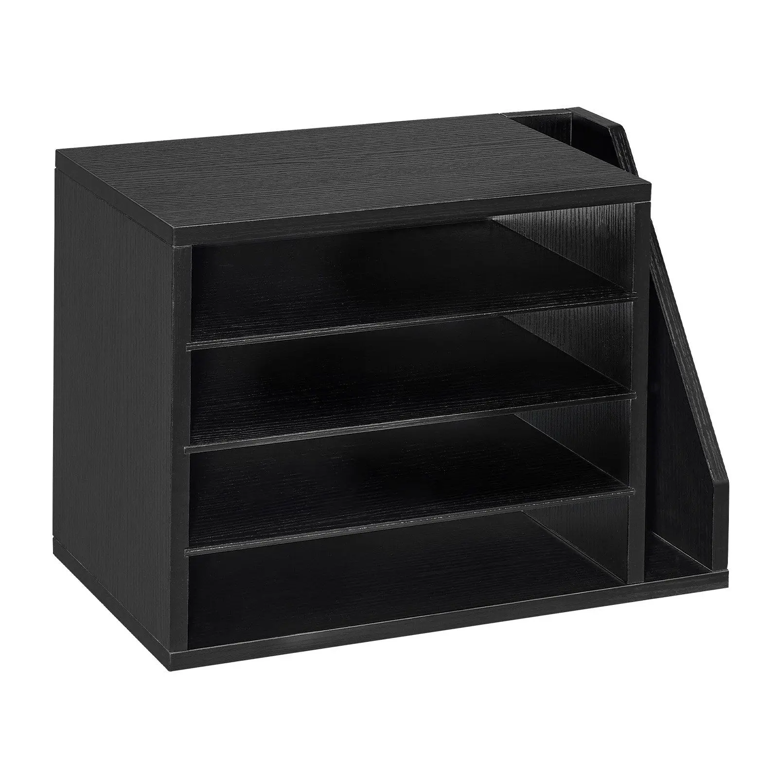 Literature Organizer, 4 Compartments Office Mailbox with Detachable Shelves, Wooden Mailbox Sorter with Side Vertical Storage, Countertop Office Home Organizer for File, Document, Paper, Black