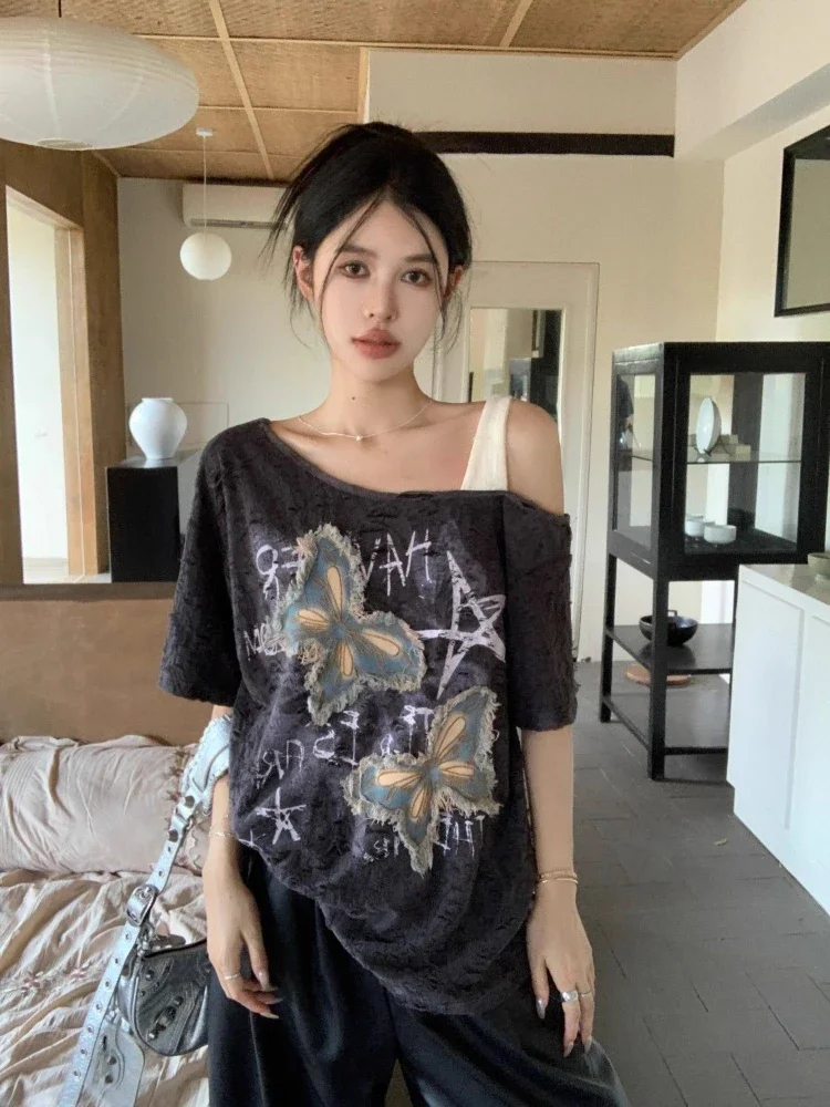 Camiseta larga holgada con bordado para mujer, camisetas coreanas elegantes con hombros descubiertos, muchas ropa, ropa de calle, Tops Kpop para mujer