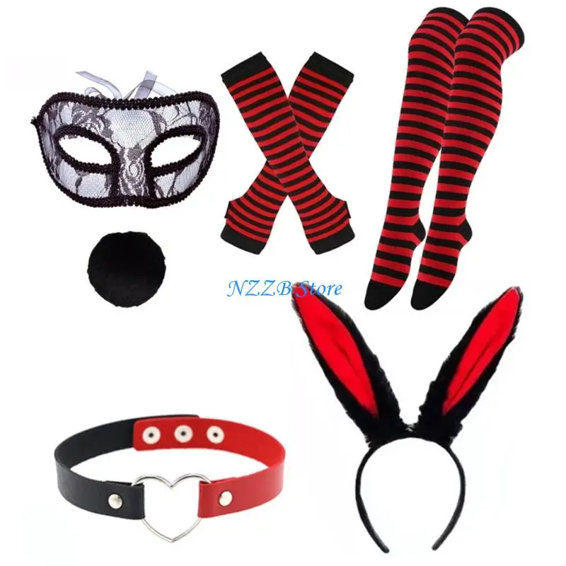 

T21F Easter Bunnies Costume for Women Rabbit Ears Headband Collar Stripe Stockings Bunnies Tail for Halloween Cosplay Party