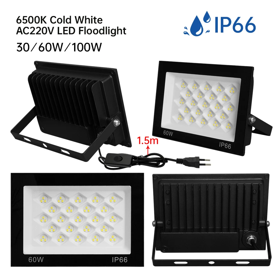 

220V 30W 60W 100W Led Floodlight EU AU UK Switch Power Plug IP66 Spotlight Led Outdoor Lighting White 6500K Wall Street Lamp