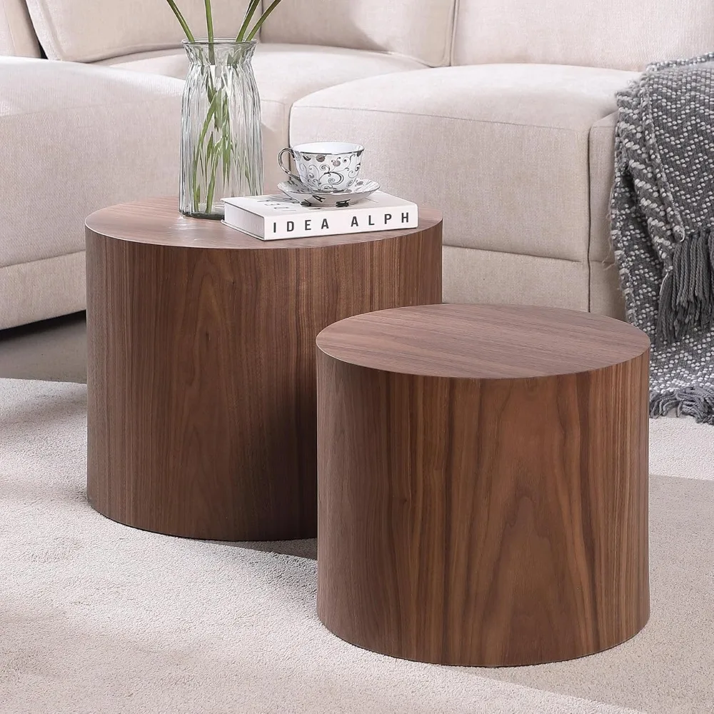 

Pair of Round Wood Nesting Coffee Tables for Compact Living Rooms